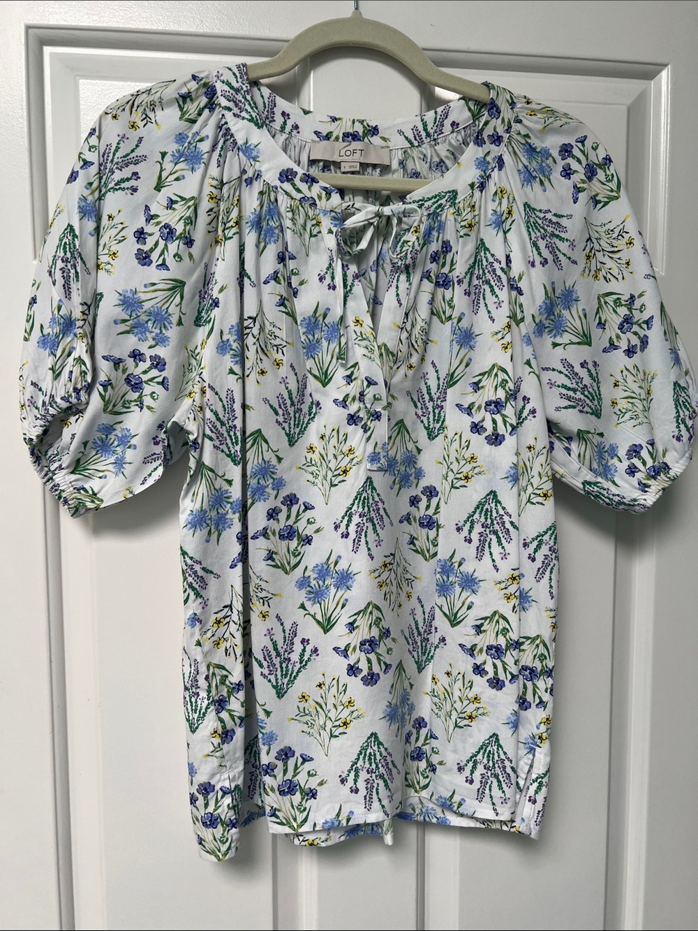 LOFT White Floral Tie-Neck Puff Sleeve Blouse with Blue, Green & Purple Print